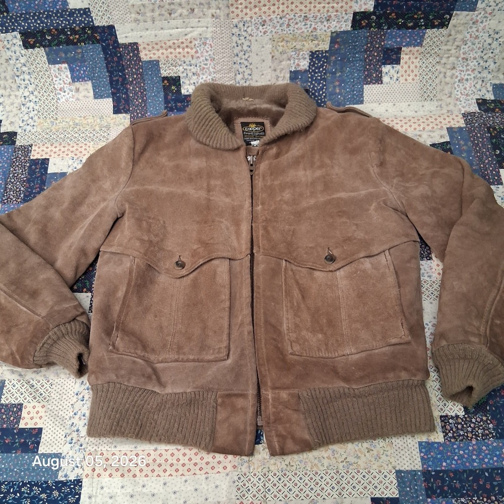 Vintage Cooper Suede Leather Bomber Jacket Mens 42 Brown Sherpa Lining Talon USA